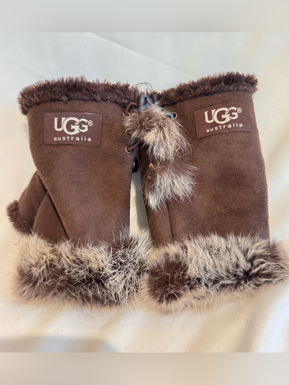 UGG AUSTRALIA Brown Suede Sheepskin Fur Sherpa Lined Fingerless Winter Gloves